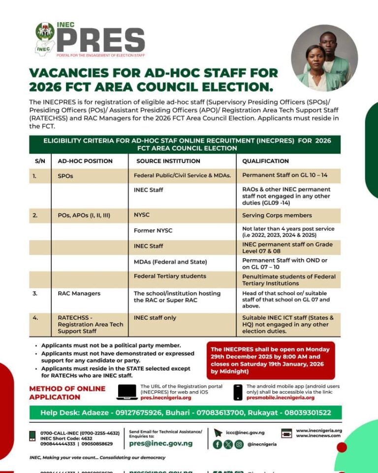 INEC invites eligible Nigerians resident in the FCT to apply as ad-hoc staff for the 2026 FCT Area Council Election.