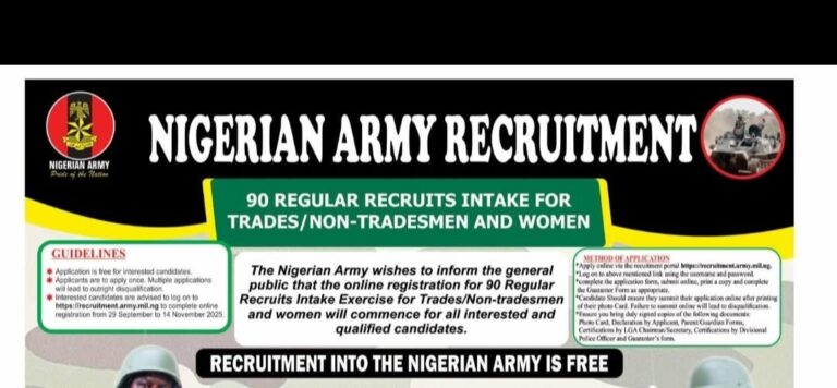 Nigerian Army Recruitment 2026: 91 Regular Recruits Intake for Trades and Non-Trades