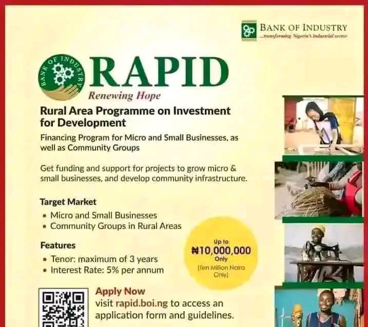 BANK OF INDUSTRY (BOI) RAPID Programme – Renewing Hope Rural Area Programme on Investment for Development