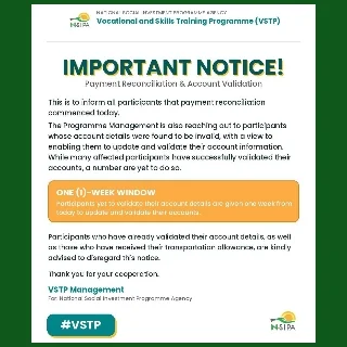 NSIPA Begins Payment Reconciliation & Account Validation Of VSTP Beneficiaries
