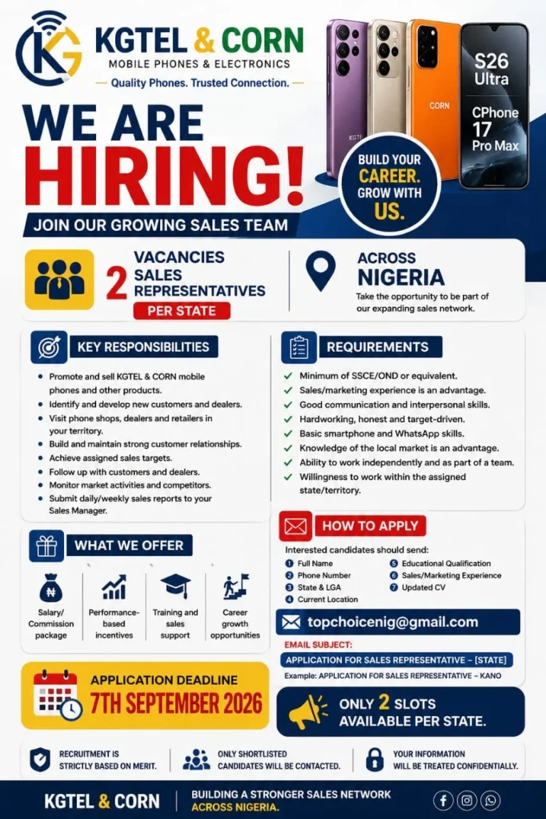 KGTEL & CORN Recruitment 2026: Sales Representatives (Nationwide – All States) KGTEL & CORN Recruitment 2026: Sales Representatives (Nationwide – All States)