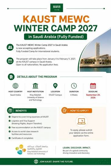 KAUST Microelectronics Winter Camp (MEWC) 2027 in Saudi Arabia (Fully Funded) KAUST Microelectronics Winter Camp (MEWC) 2027 in Saudi Arabia (Fully Funded)