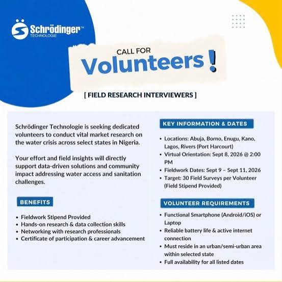 Schrödinger Technologie Field Research Volunteers Recruitment 2026 Schrödinger Technologie Field Research Volunteers Recruitment 2026