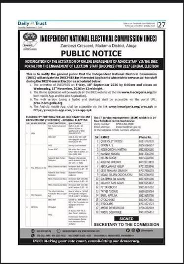 INEC 2027 General Election Ad Hoc Staff Recruitment (INECPRES) INEC 2027 General Election Ad Hoc Staff Recruitment (INECPRES)