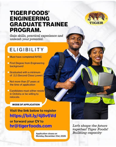 Tiger Foods Engineering Graduate Trainee Program 2026 Tiger Foods Engineering Graduate Trainee Program 2026