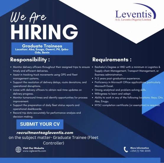 A.G. Leventis (Nigeria) Limited: Graduate Trainee Program 2026 (Fleet Controller) A.G. Leventis (Nigeria) Limited: Graduate Trainee Program 2026 (Fleet Controller)